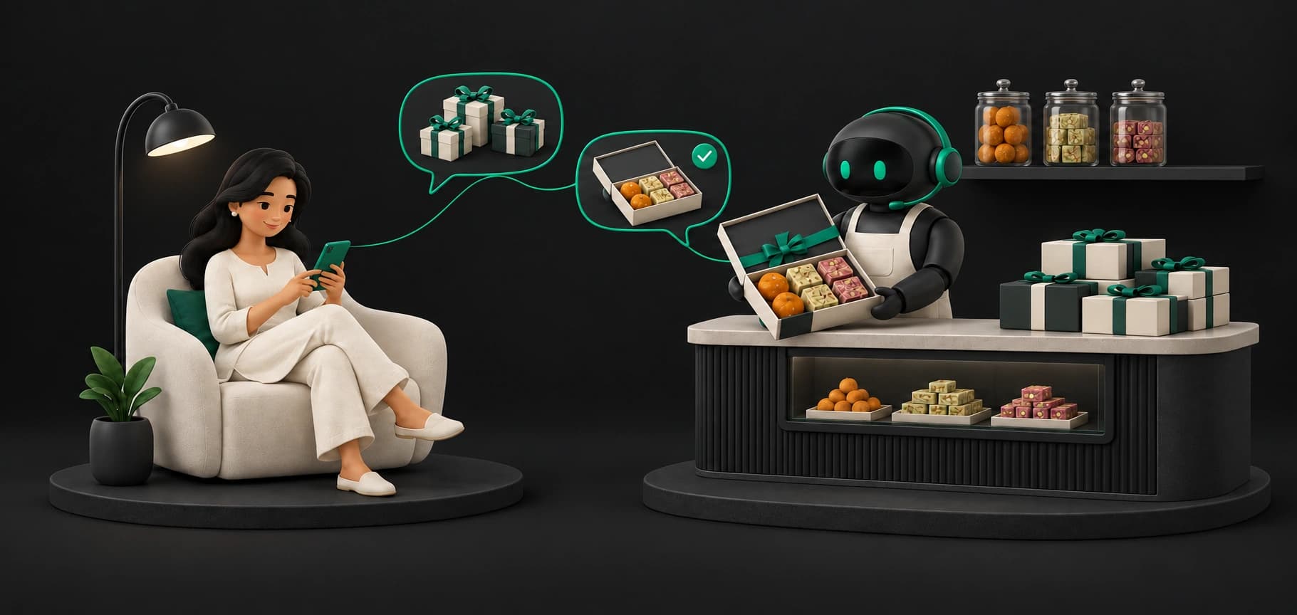 A customer at home plans gifts on her phone while Boondi recommends a mithai assortment from the sweet shop