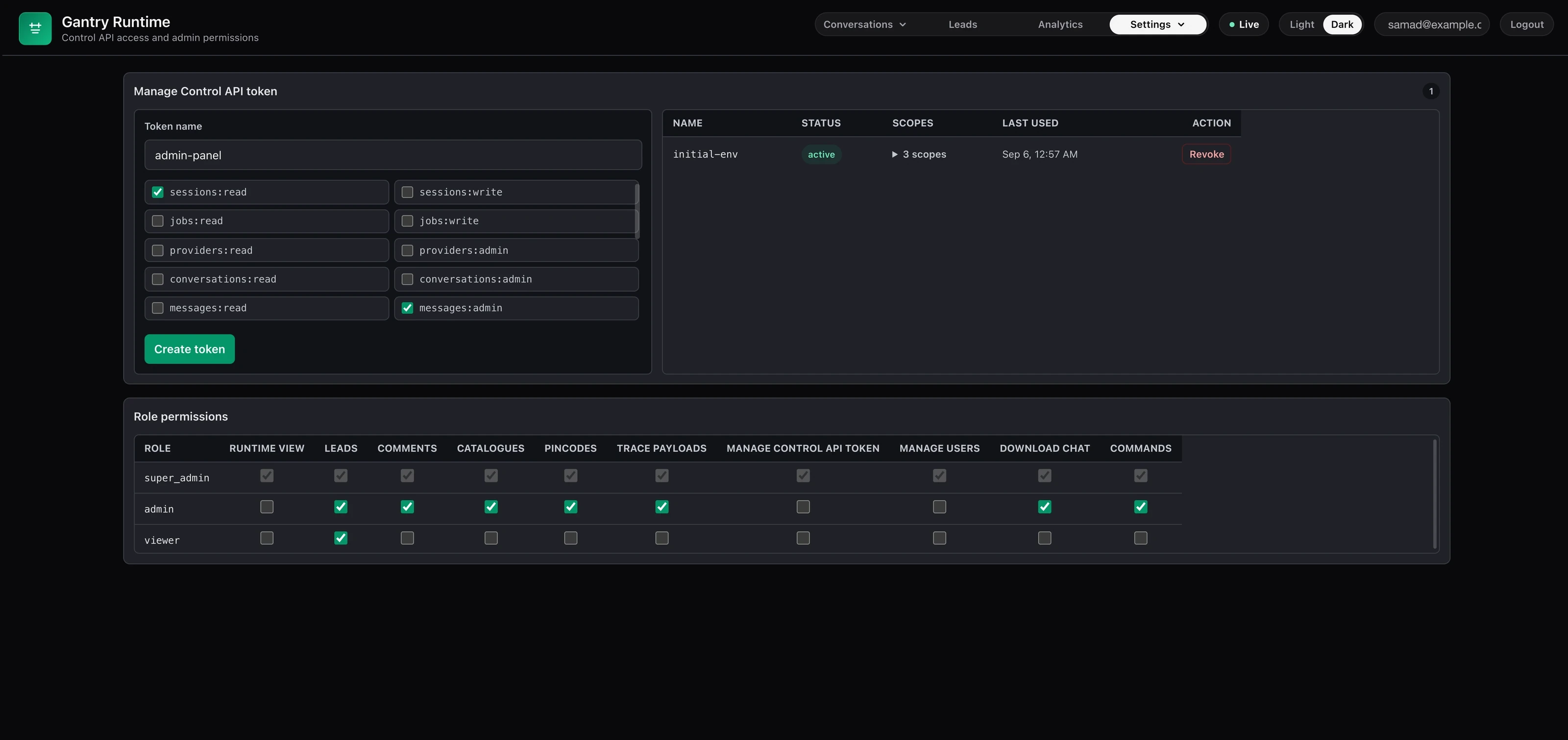 Runtime page: control API token scopes and role permissions matrix