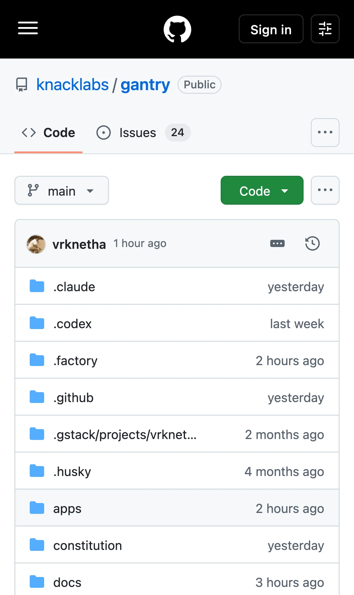 Gantry repository on GitHub, mobile