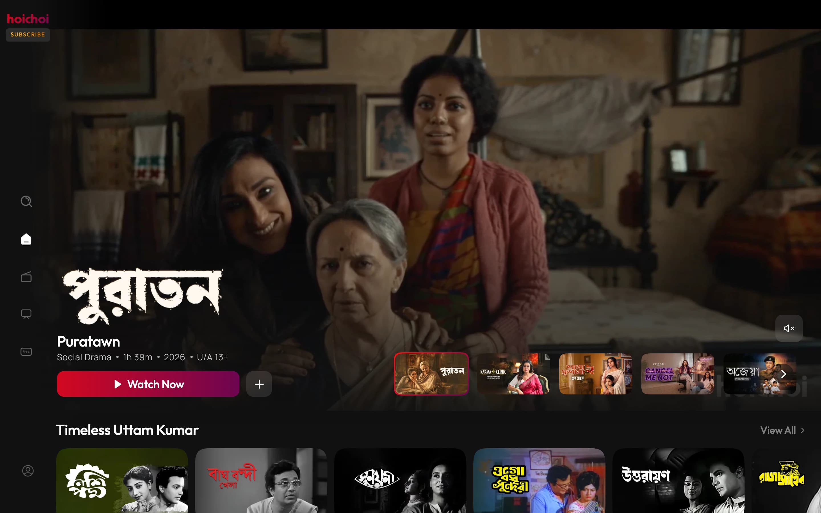 hoichoi.tv home page: the film Puratawn featured with a Watch Now button and a row of Uttam Kumar classics
