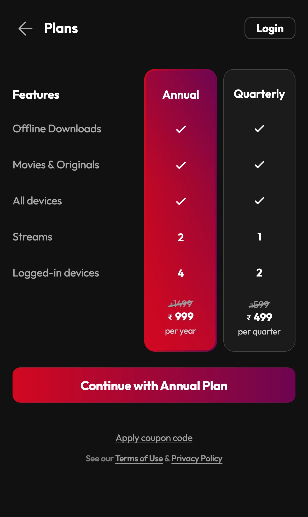 hoichoi plans page on mobile
